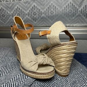 Tory Burch Macy Espadrille Wedge Sandals Linen Beige Women’s 7.5B Made in Spain